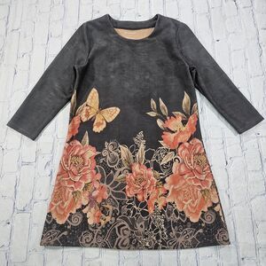 Serengeti WOMENS SZ M Midi Dress Gray Floral Suede Feel Stretch 3/4 Sleeves